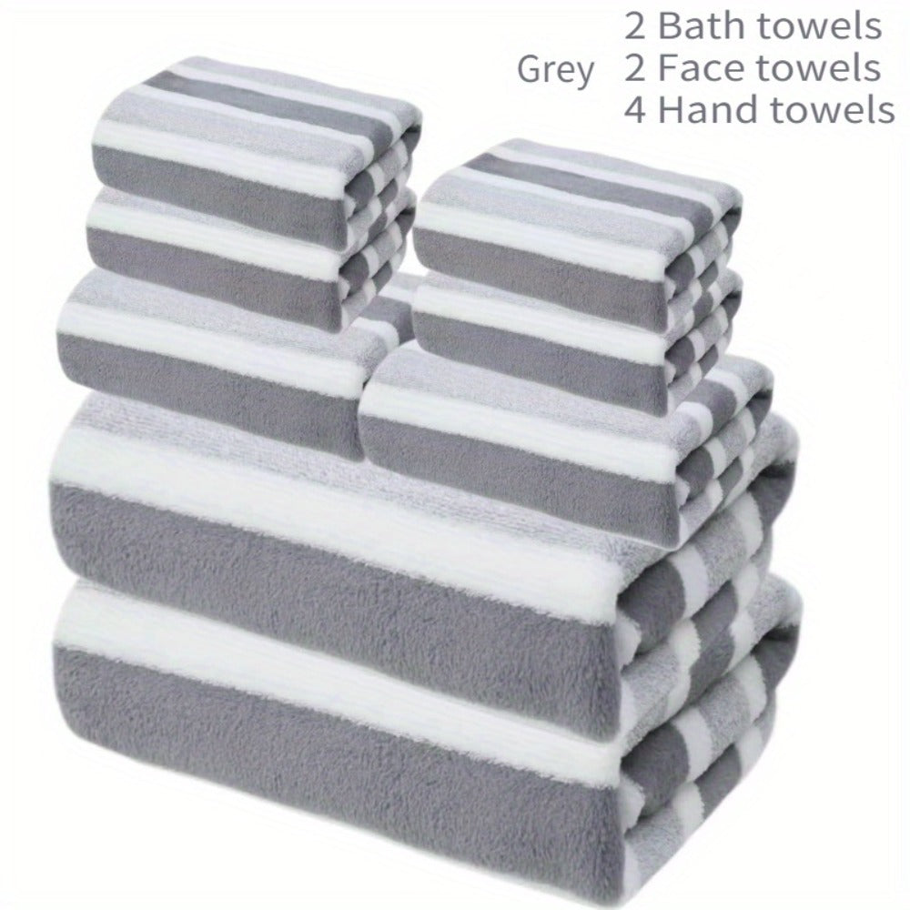 Hotel Towel Set 8 Piece No Hair Loss 280GSM - Five Star Standard Two-Color Striped Super Soft High Absorbency | 2 Bath Towels 2 Face Towels 4 Hand Towels | Grey Red Green | Home Bathroom Spa Gift