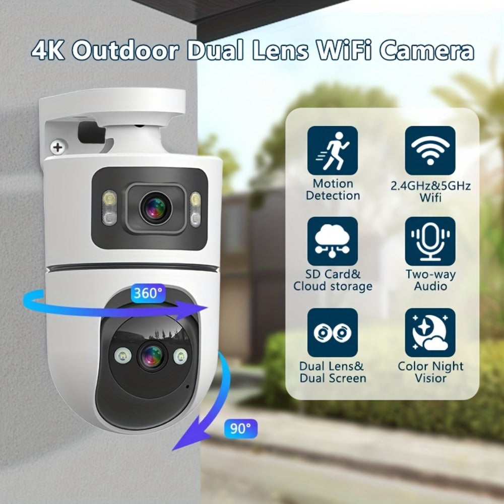 4K Dual Lens Security Camera WiFi Outdoor - 2160P Ultra HD, Dual Band 2.4G & 5GHz, Color Night Vision, Rain Proof, Tamper Detection, Two-Way Audio, Wall Mount for Home Indoor & Outdoor Surveillance