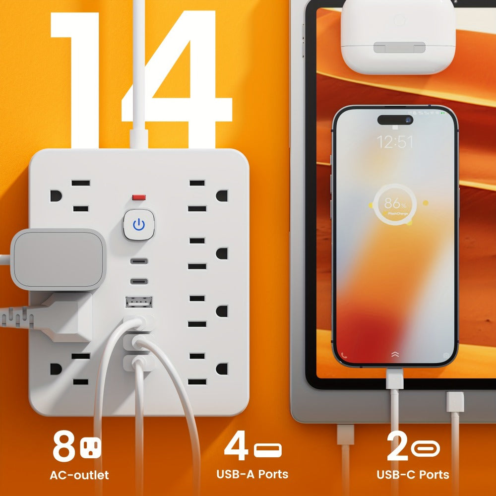 14-in-1 Wall-Mountable Power Strip with Surge Protector – 8 AC Outlets & 6 USB Ports (2 USB-C), Flat Plug Space-Saving Extension Cord, Overload Protection for Home School Office, 5ft or 10ft