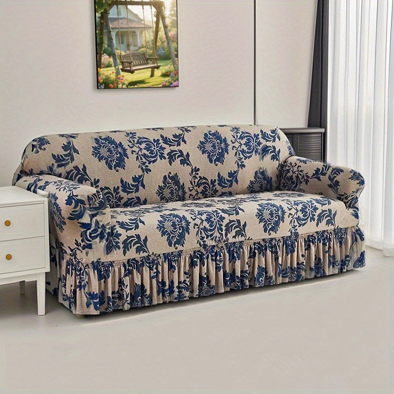 Stretch Sofa Cover Slipcover High-Stretch Fabric Ruffle Skirt Non-Slip Rod All-Season Snug Fit for 1 2 3 4 Seater Couch — Dark Blue with Pillow Cover
