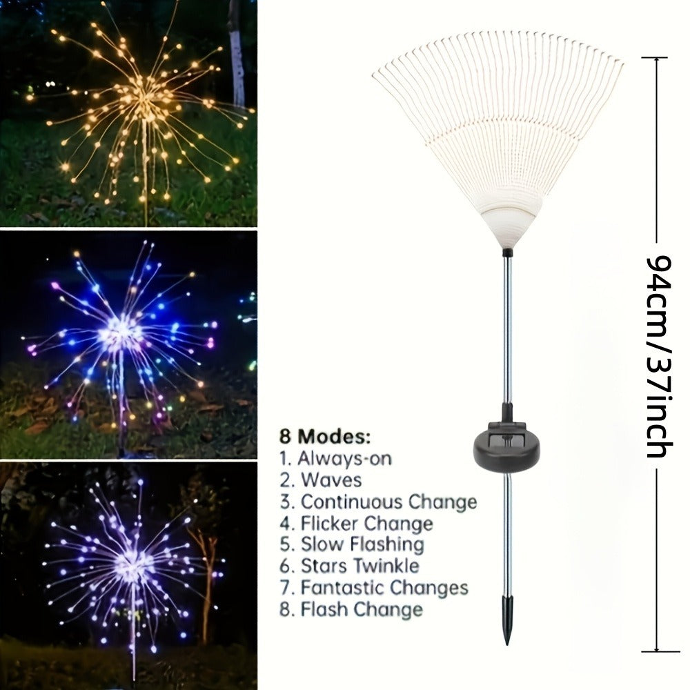 Solar Firework Stake Lights Outdoor 2 Pack - Touch Control Dimmable Starburst Ground Lights Warm White & Colorful 120 to 840 LEDs for Garden Pathway Lawn Party Wedding Christmas Halloween Decoration