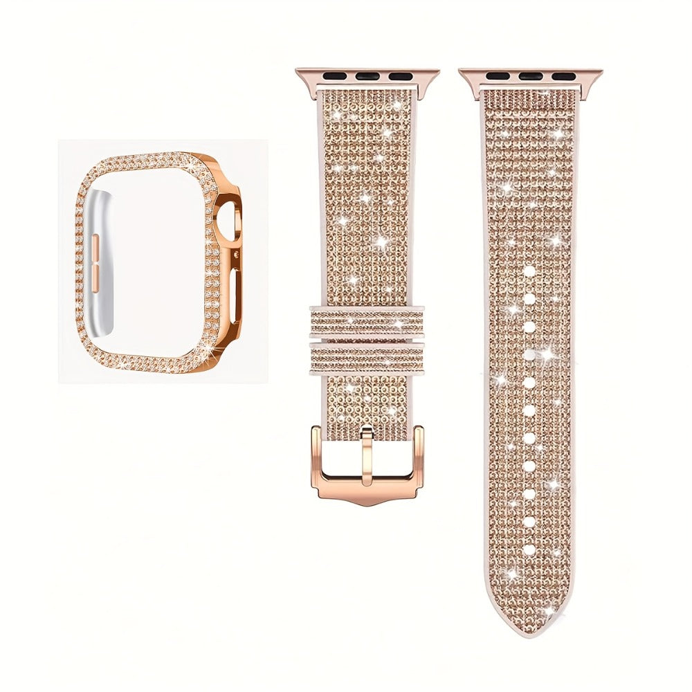 Apple Watch Band with Case Crystal Rhinestone Bling, Chameleon Color-Shift Strap + Shockproof Hard PC Cover, Compatible with Apple Watch Series 1-9 SE Ultra 38mm to 49mm S10 – Rose Gold Black Silver Women