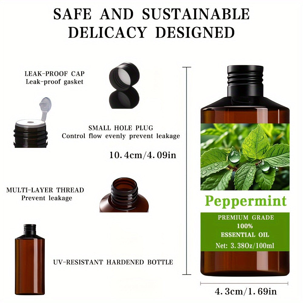 Peppermint Essential Oil 100% Pure Natural 100ml 3.38oz — Undiluted Cooling Oil for Hair Growth Scalp Stimulation Skin Nail Care Massage Aromatherapy Diffuser Meditation Muscle Relief Women Men