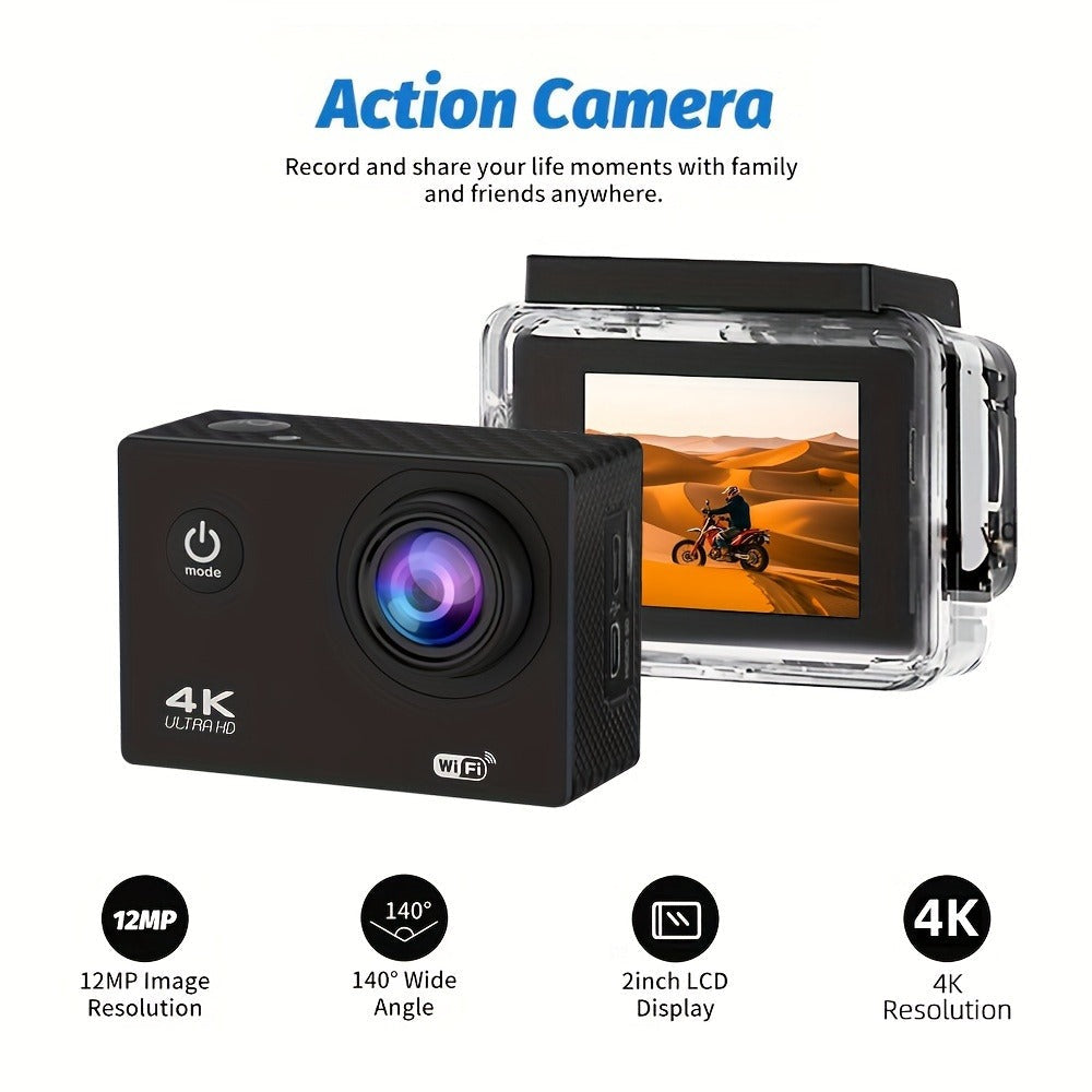 WiFi Action Camera 4K with Remote Control Kit & 32GB Card – 170° Ultra-Wide Angle, 2" Display, Auto Focus, Waterproof Case for Outdoor Sports, Vlogging, Travel & Father's Day Gift