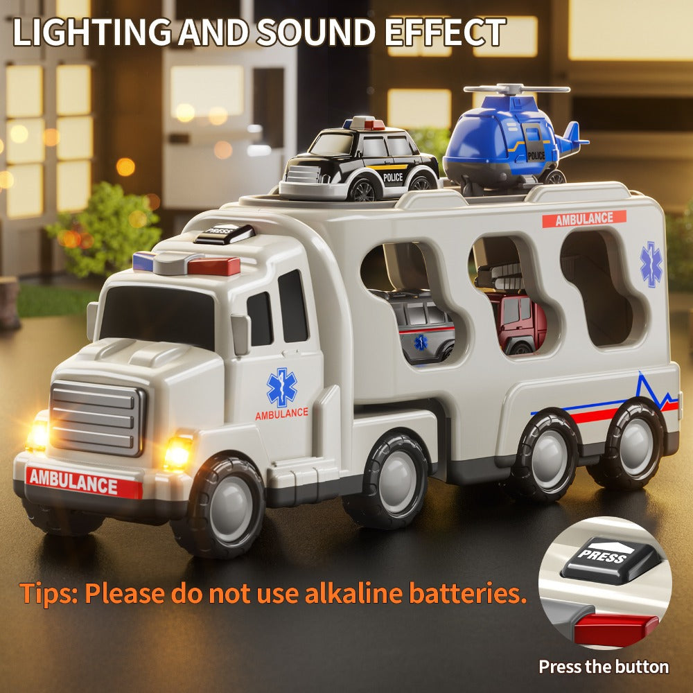 Ambulance Carrier Truck Toy Set, 5-in-1 Emergency Vehicle Playset with Lights & Sounds