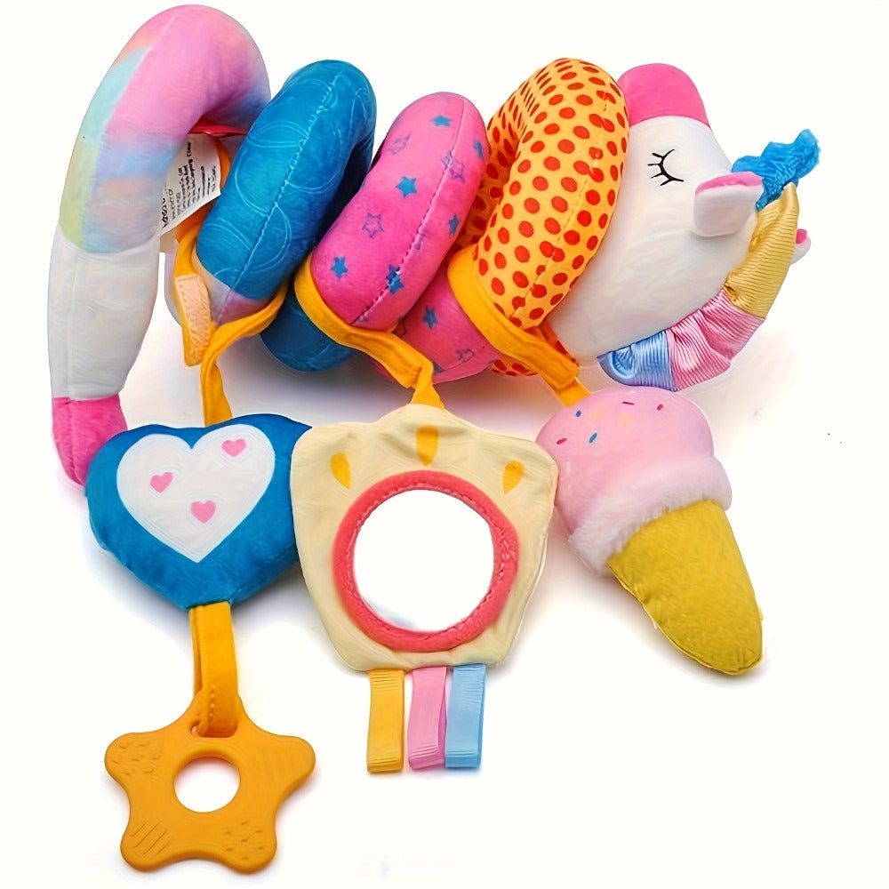 Baby Car Seat Toys 0-6 Months – Unicorn Rattle Mirror Crinkle Squeaky Stroller Toy Set for Infant Girls, Developmental Sensory Toys for Newborn 3-6 Months, Baby Girl Gift