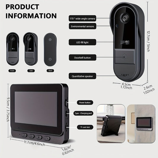 Video Doorbell Camera with 4.3-Inch Monitor, Battery and USB Power, Black