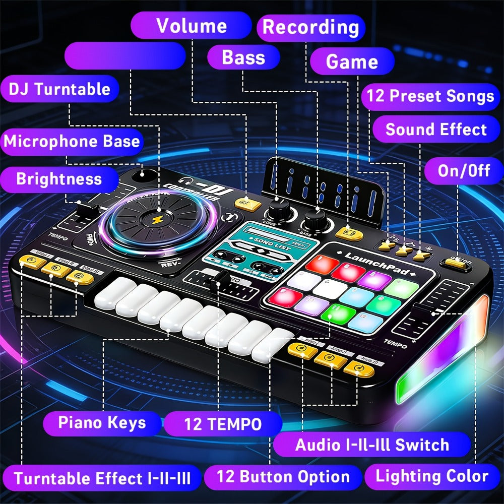 Kids DJ Mixer Toy in Black with LED Lights, Microphone and Piano Keys