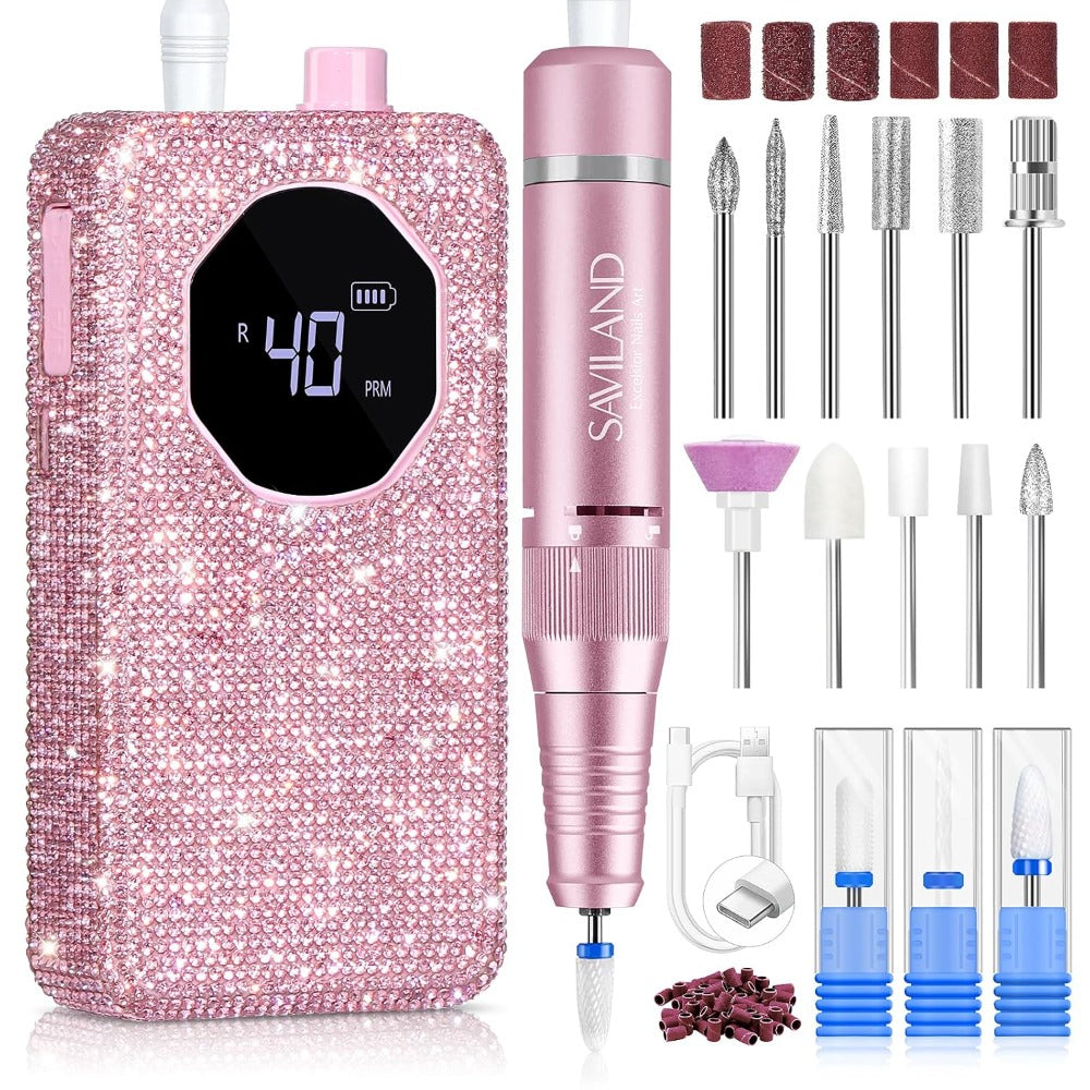Electric Nail Drill 40000 RPM Rechargeable Professional Nail Drill Machine 4000mAh Battery LCD Display Ceramic Bits Sanding Bands for Acrylic Gel Nails Salon Home Use