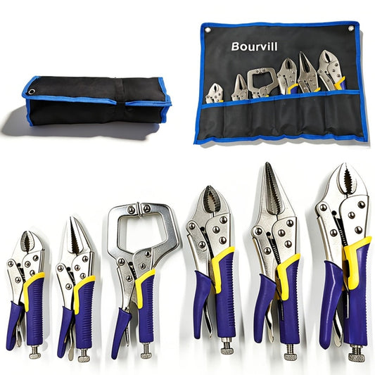 Locking Pliers Set, 6-Piece Needle-Nose, Curved-Jaw and C-Clamp Tools with Roll Bag