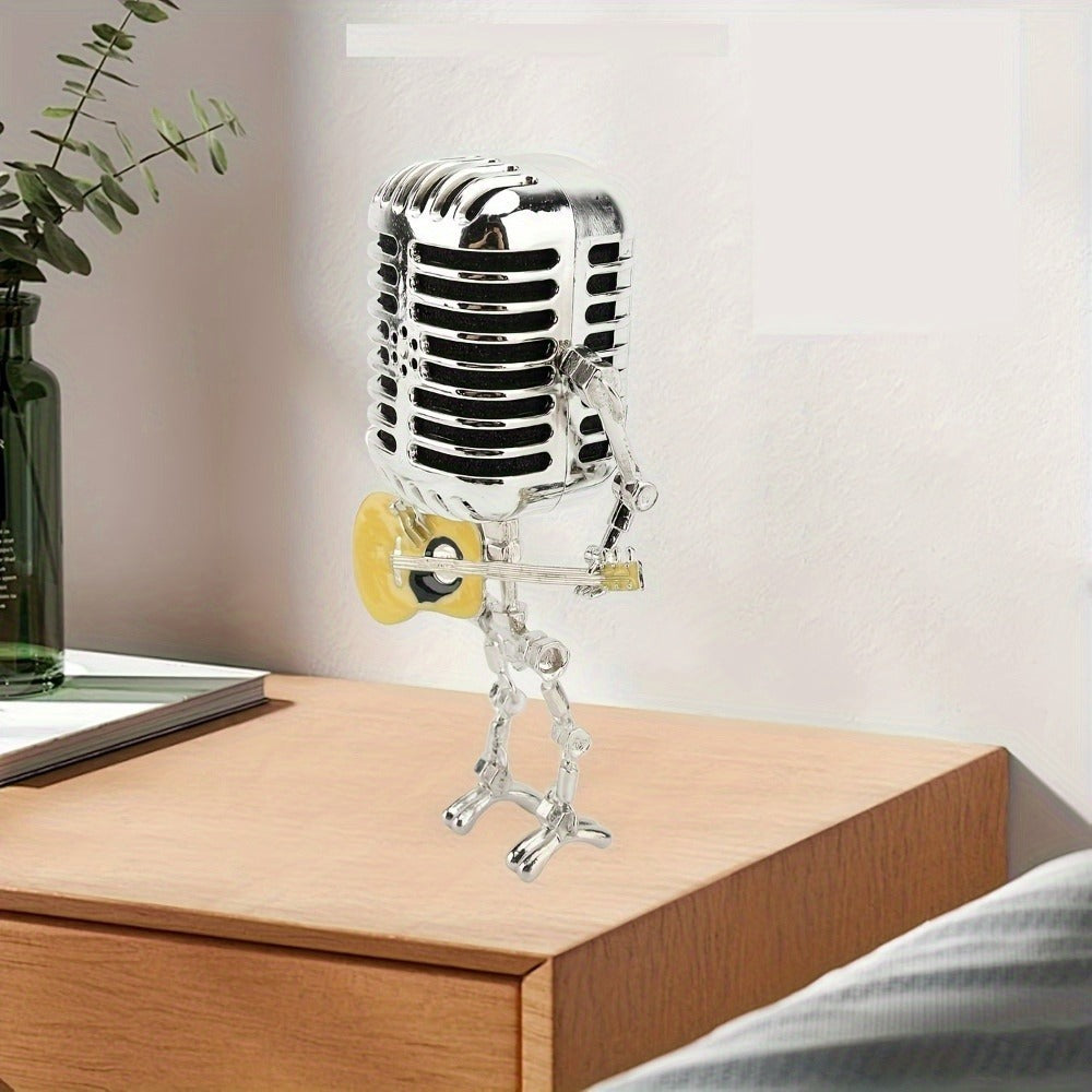 Vintage Microphone Robot Guitar Lamp USB Powered – Retro Decorative Night Light for Music Lovers, Guitar Players, Home, Bar & Office Desk Decor (Red / Yellow)
