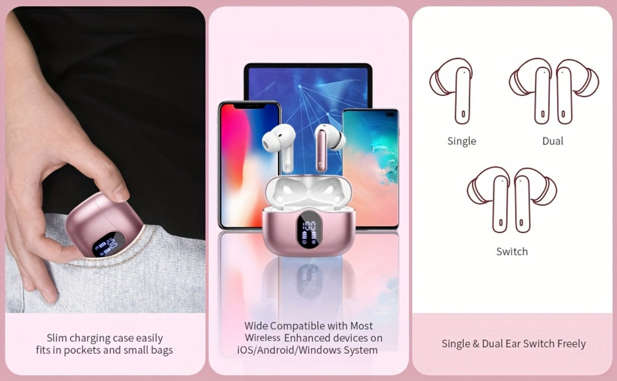 Bluetooth 5.3 Wireless Earbuds with Noise Cancelling Mic & LED Display, Deep Bass Stereo in-Ear Headphones, 36H Playback, Compatible with iPhone Android Laptop Tablet for Sports Gym Travel