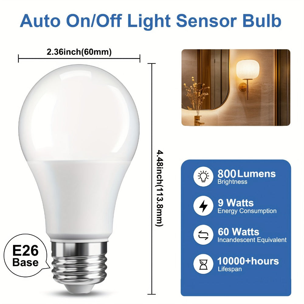 Dusk to Dawn LED Bulbs 4 Pack Auto On Off Light Sensor – 9W 60W Equivalent E26 Base 2700K Warm White for Porch Garage Pathway Outdoor Security Indoor Lighting