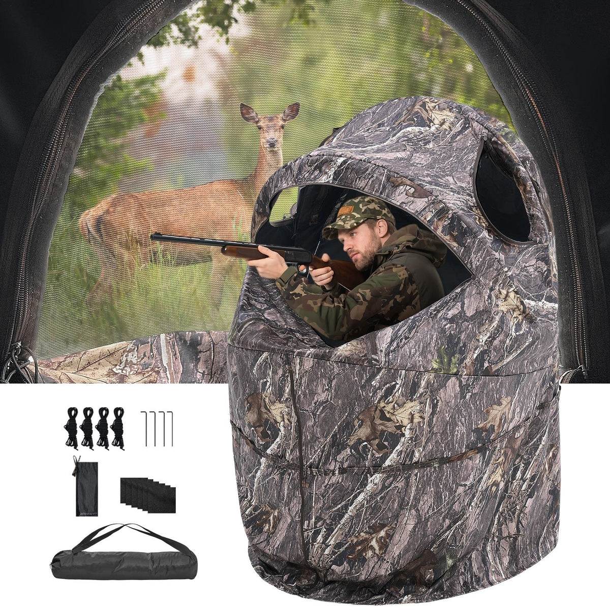 Hunting Blind Ground Blind for Deer Duck Turkey Hunting Single Person Pop Up Blind with Carrying Bag 44x36x53 In Camouflage Waterproof 150D Fabric Silent Half-Zipper Door
