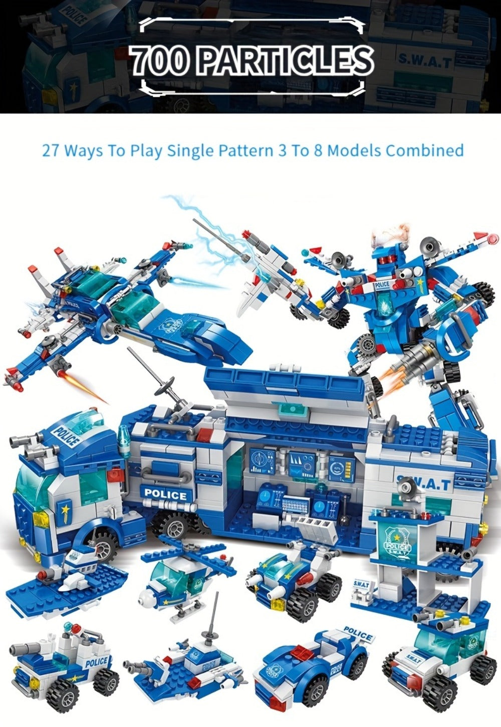 City Police Building Block Set, 700 Pieces with Patrol Vehicles