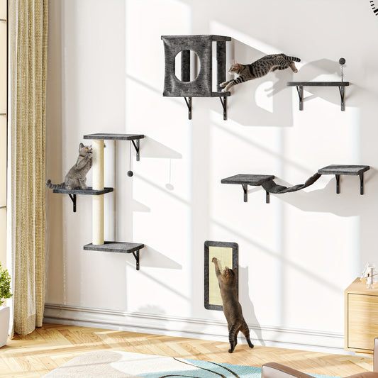 Cat Wall Shelves 5-Piece Set - Wall-Mounted Furniture with Floating Perch, Climber, Bridge & Cat Bed