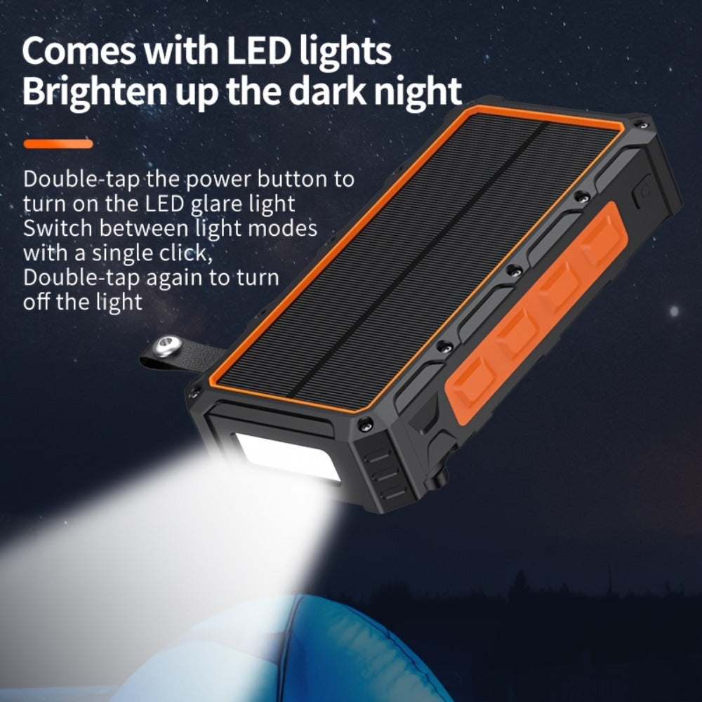 Hand Crank Solar Power Bank 30000mAh Wireless Charging 7 Output Ports 4 Input Options SOS Emergency Light 15W Fast Charge 3 Built-in Cables Camping Hiking Outdoor Survival Orange