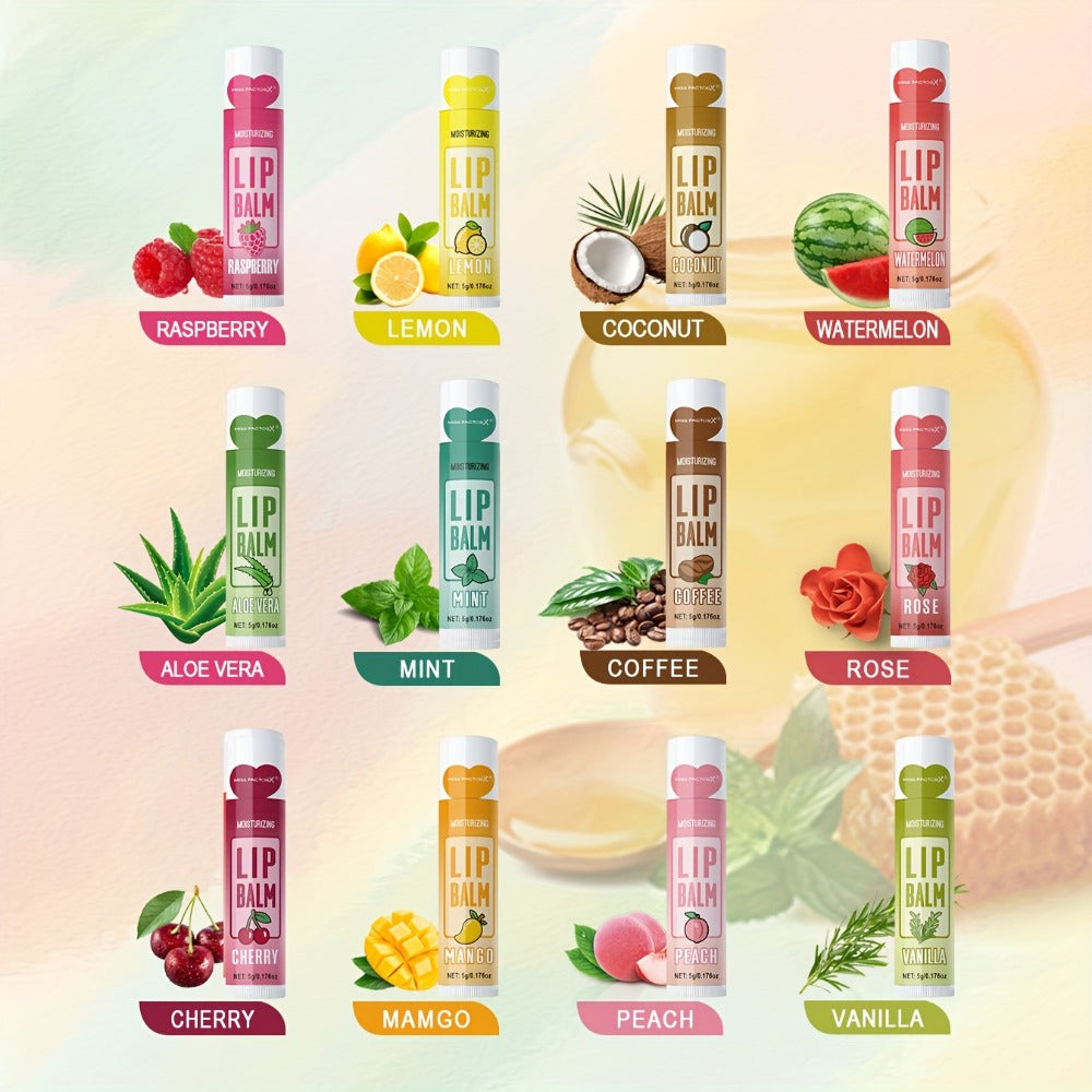 Lip Balm Set 36 Pcs Moisturizing Tinted Lip Butter with Jojoba Oil — 12 Flavors Natural Hydrating Lip Care for Dry Chapped Lips Women Adults Gift Box
