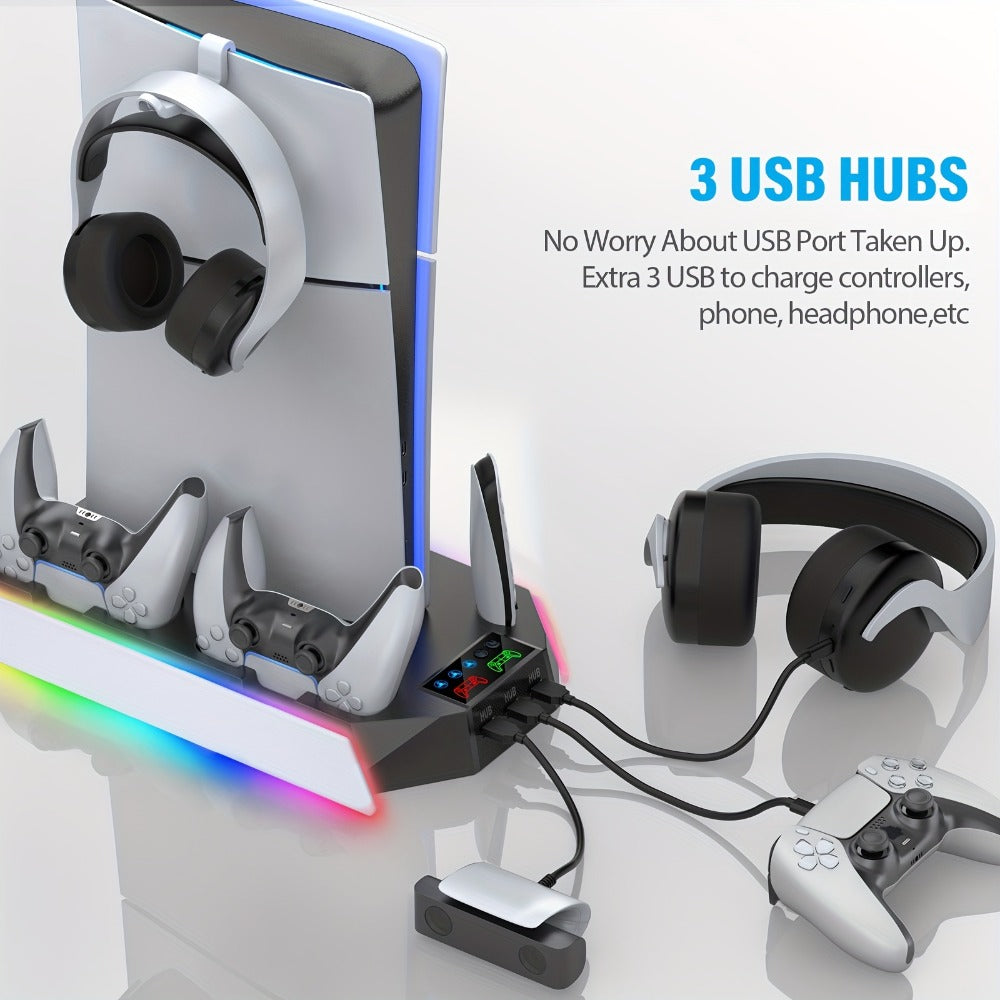 Headset Holder PS5 Cooling Stand with RGB Light, 3-Level Fan, Controller Charger & 3 USB Ports – Compatible with PS5 / PS5 Slim / PS5 Pro Disc & Digital Edition Console