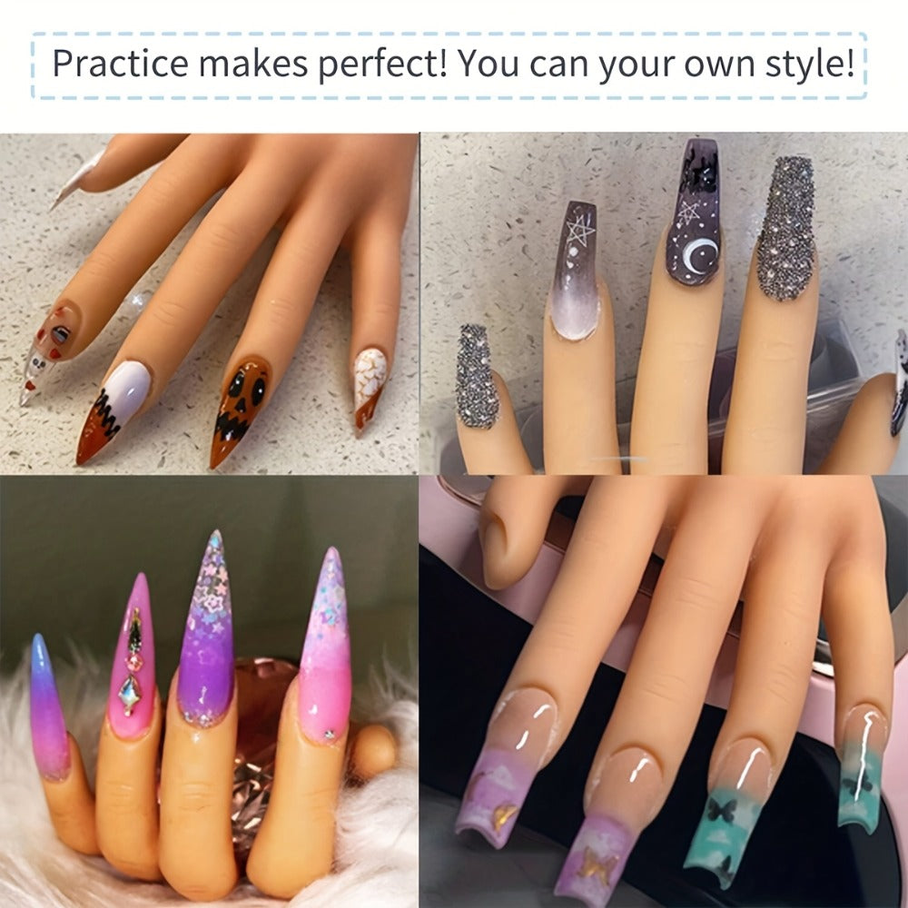 Silicone Nail Practice Hand Model with Desktop Stand - Flexible Realistic Fake Hand for Nail Art Training, Beginner Practice Glove Set for Nail Tech Students Home Salon