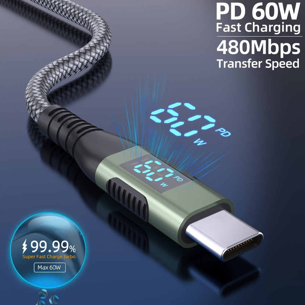USB-A to USB-C Cable with LED Digital Display, 3A Fast Charging & 480Mbps Data Sync, Nylon Braided Anti-Overheat, for iPhone 15 Samsung Galaxy LG Android – Green (1pc/2pcs)