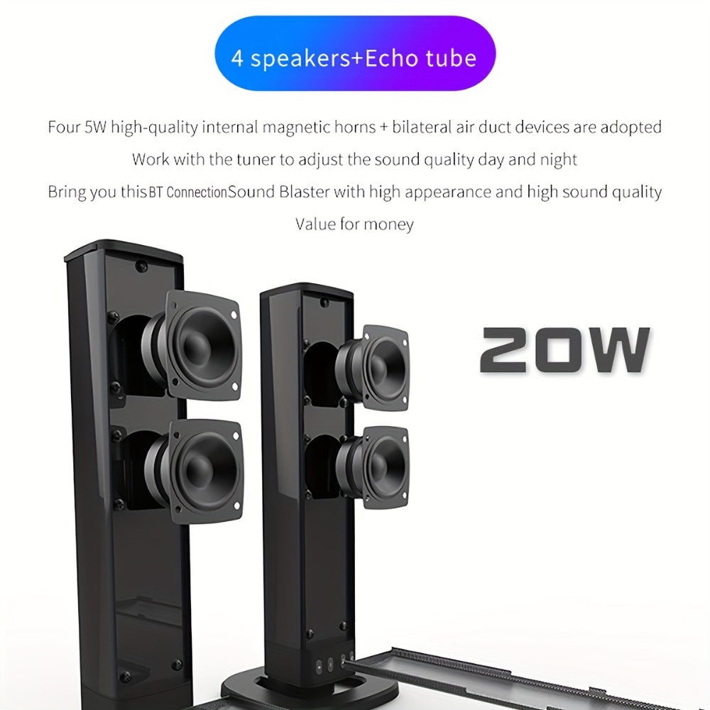 Sound Bar with 4 Subwoofers 20W Hi-Fi Wireless Surround Sound System Bluetooth 5.0 TWS Wall Mountable EQ Modes AUX USB TF FM for TV Computer Gaming Home Theater