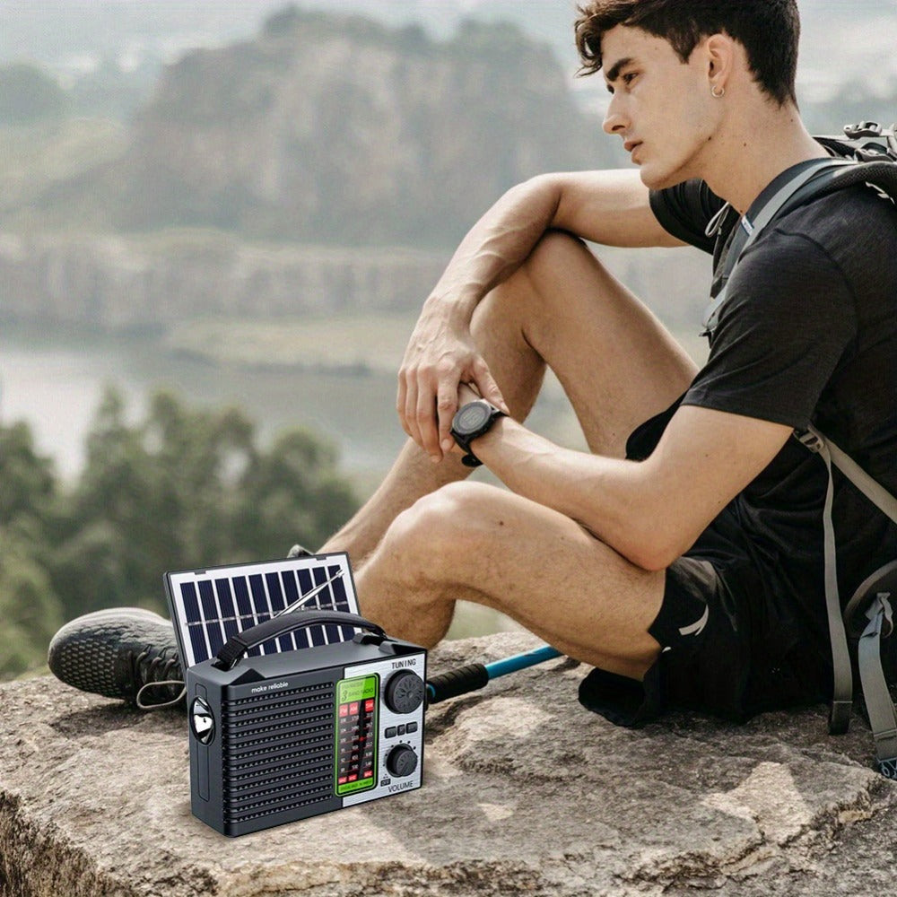 Emergency Solar Hand Crank Radio 5-in-1 with Dual Speaker, FM AM SW VHF, MP3 USB TF Card Player, 180° Foldable Solar Panel, LED Flashlight, Portable for Camping Power Outages Survival