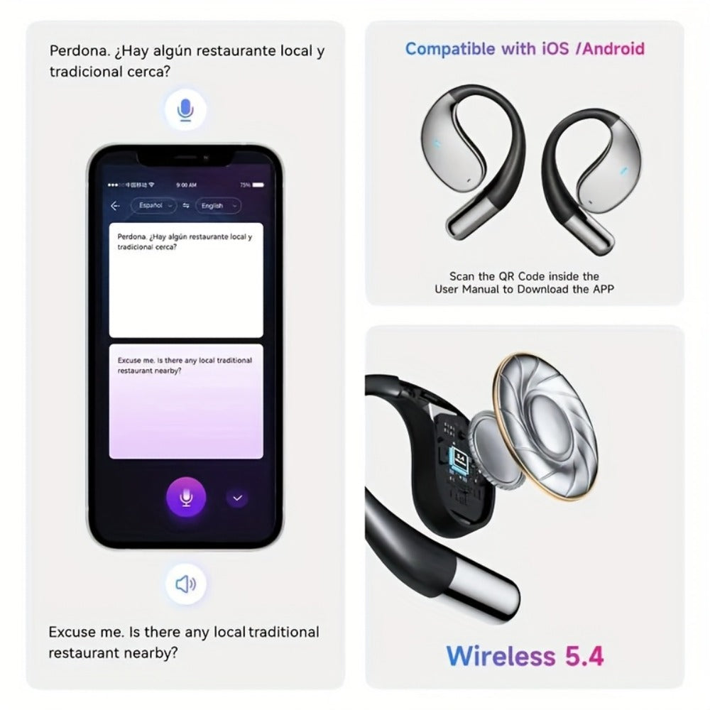 6-Mic AI Translation Bone Conduction Headset 144 Languages, Real-Time Translator Wireless Headphones, Meeting Notes Recording, Intelligent Noise Cancellation, Touch Control, Deep Bass, Open-Ear for Running Sport Business