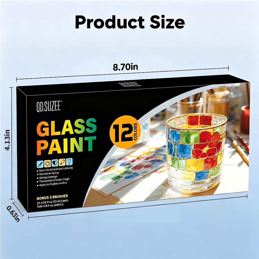 Stained Glass Painting Kit 12 Colors Acrylic Paint Set with 3 Brushes – Non-Toxic Window Glass Paint for Wine Glasses Ceramic Mugs, Professional Art Supplies for Adults Artists Painting Enthusiasts