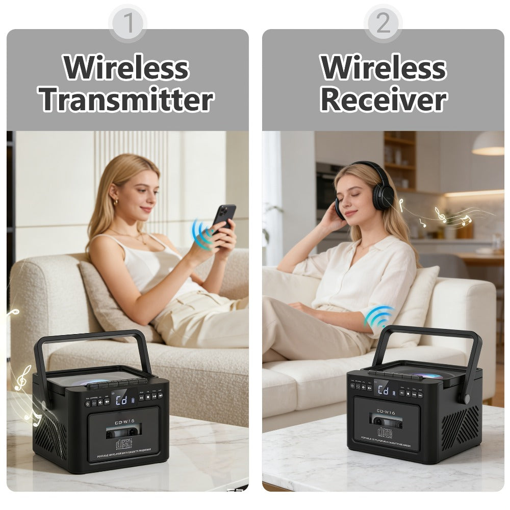 Portable Boombox CD Player with Cassette Tape, FM Radio & MP3 Player, HiFi Stereo Speaker System, 5000mAh Rechargeable Battery, USB AUX TF Card Playback, Retro All-in-One Audio System Gift