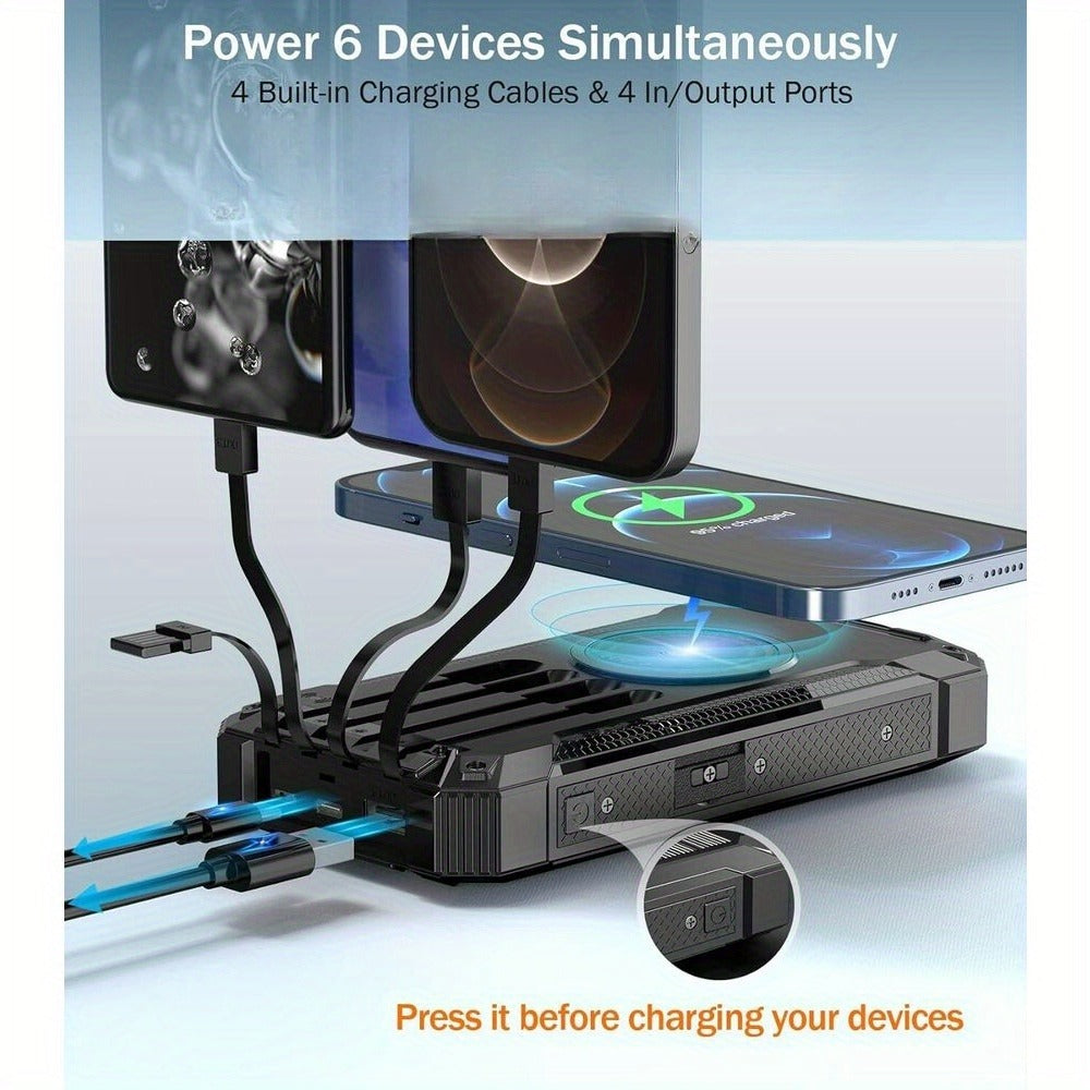 Solar Power Bank 40000mAh with Built-in 4 Cables & 15W Wireless Charging – 6 Outputs 3 Inputs Dual LED Flashlight Portable Charger for iPhone Android Tablets Camping Travel Emergency