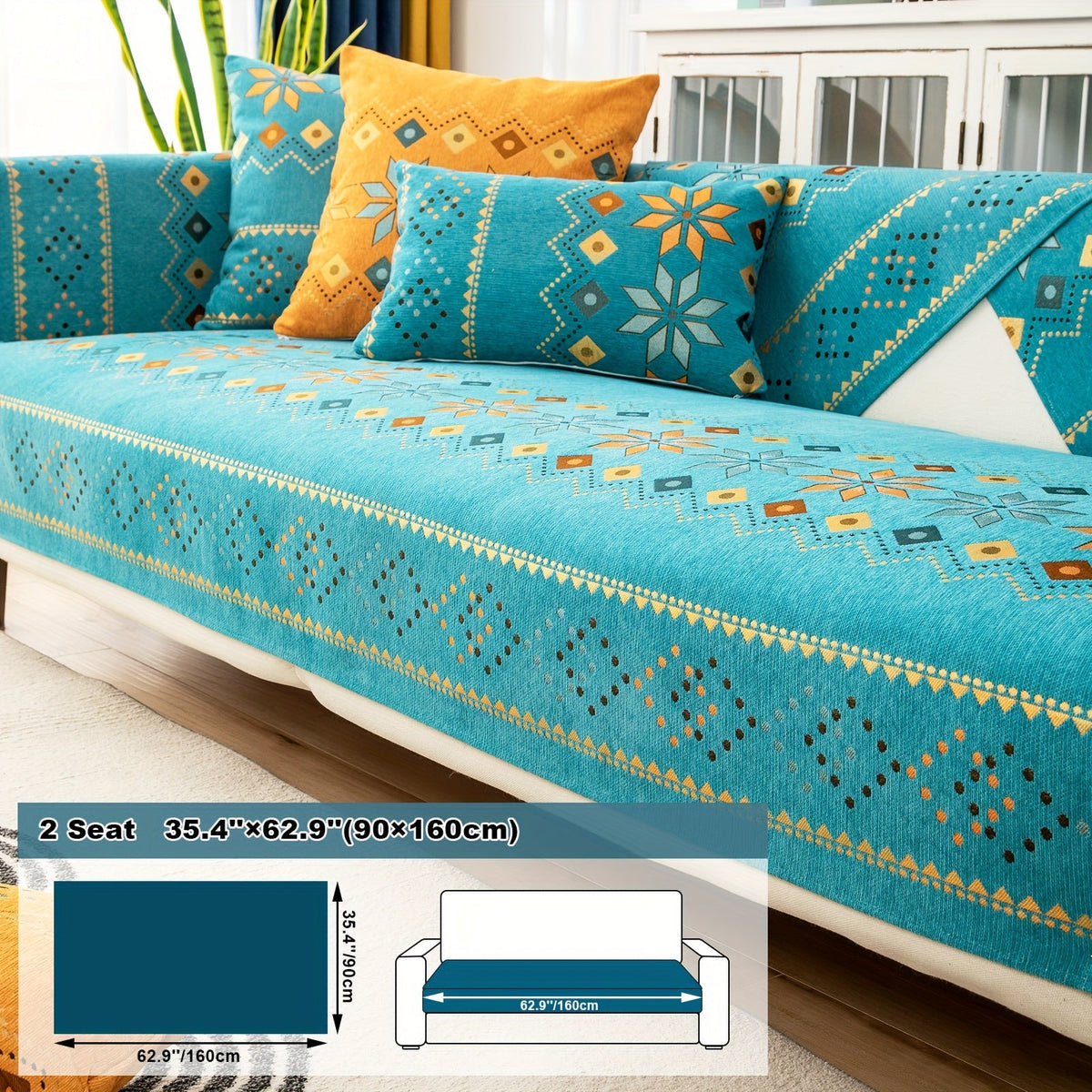 Bohemian Chenille Sofa Cover | Geometric Print Non-Slip Couch Slipcover, Thick Plush Boho Style, 1 to 4 Seat, Armrest & Backrest, Machine Washable, Sectional Sofa Protector