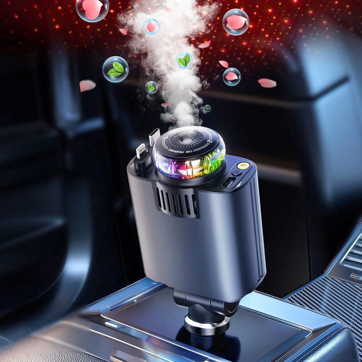 Car Charger with Perfume 3-in-1 Fast Charging AromaRelax Starlight Projector Retractable Cable USB-C & Lightning for iPhone 16 15 14 13 12, Samsung Galaxy Android – Blue Red, Flower Heart Shangri-la Cologne Styles