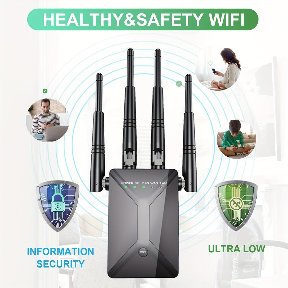 Ethernet Port WiFi Booster 1200Mbps Dual Band 5GHz & 2.4GHz, Up to 89% Faster WiFi Extender, 2026 Latest Upgraded Internet Signal Repeater for Gaming Smart TV Remote Work Large Home, Black
