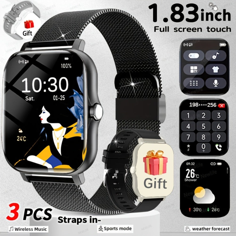 Smartwatch for Men Women with Bluetooth Calling, 1.83" Full Touch Screen Large Dial, Weather Notification, Sports Tracker & Pedometer, Multiple Sport Modes, USB Rechargeable – Unisex Gift Smart Watch Gold Silver Black