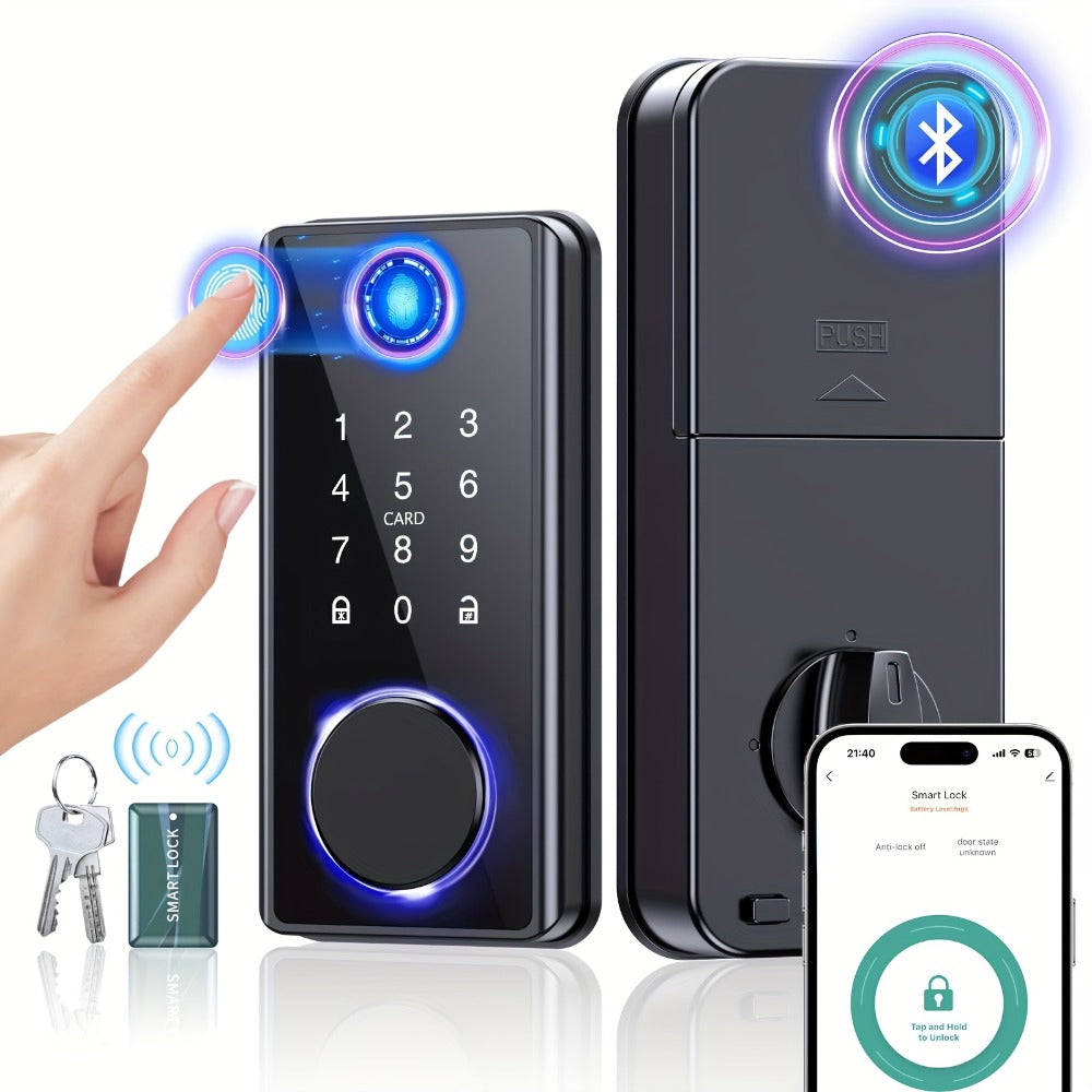 5-in-1 Smart Door Lock with 100 Fingerprints & IC Card - Fingerprint, Passcode, App & Key Keyless Entry for Home, Hotel & Apartment, Multi-User Access, Remote Management, Easy DIY Install