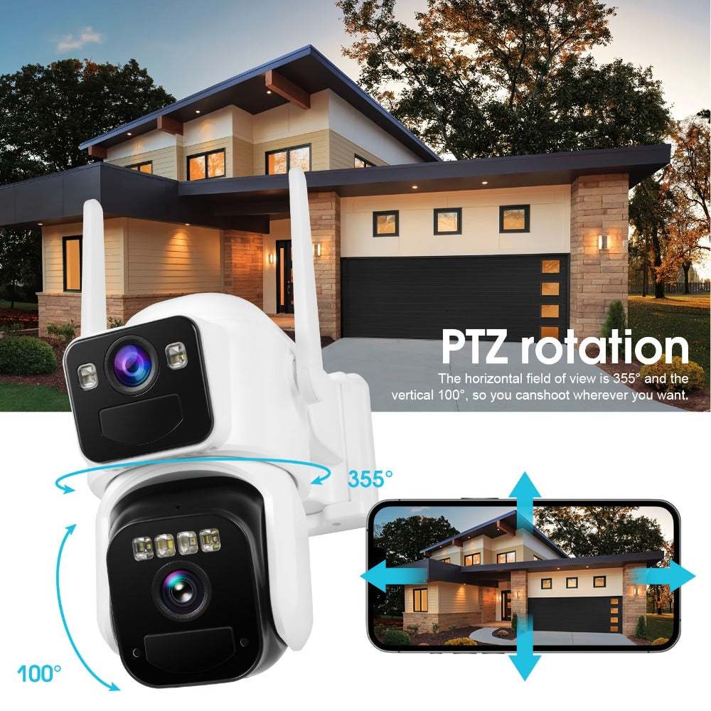 Dual Lens Solar Security Camera Outdoor Wireless WiFi Battery Powered with Color Night Vision, PIR Motion Detection, Two-Way Audio, Spotlight Alarm & 256GB TF Card Support – Wire-Free CCTV Surveillance