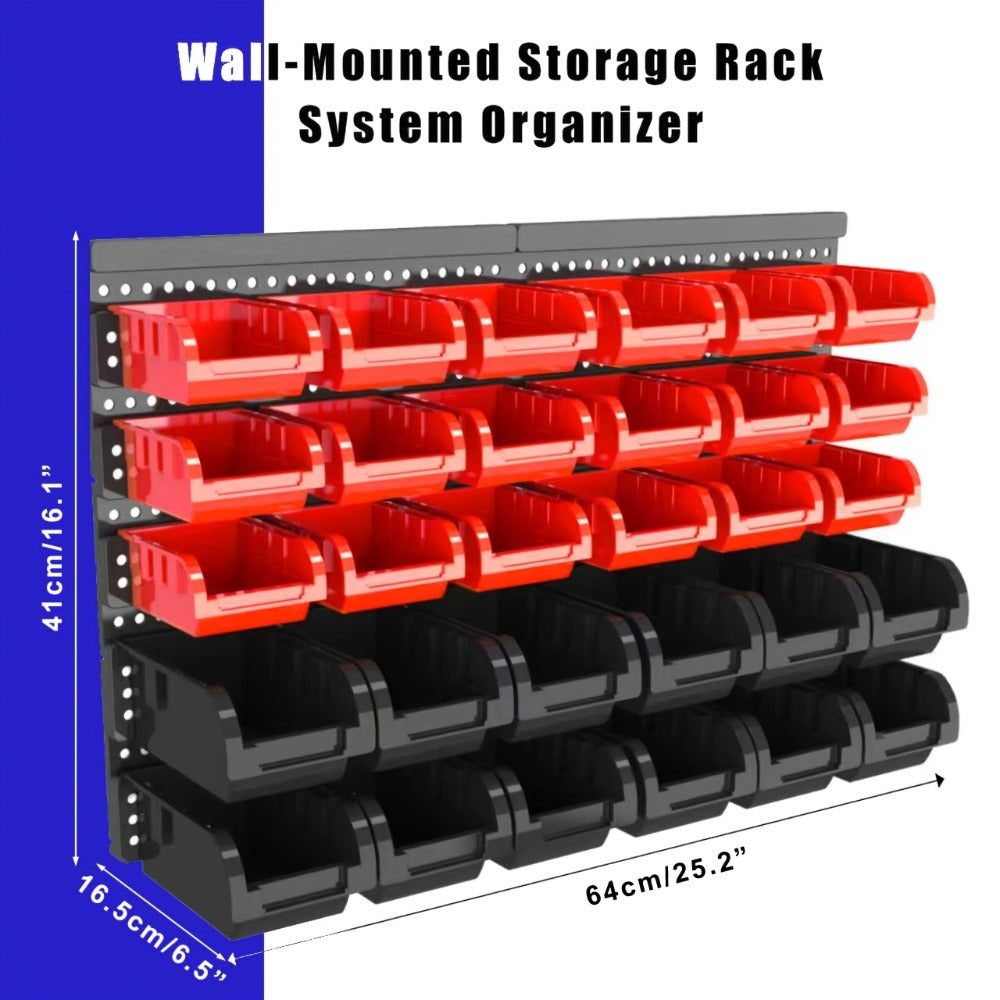 Wall Mounted Storage Bin Rack System – Heavy Duty Small Parts Organizer for Screws, Nuts, Bolts & Nails | Stackable Garage Workshop Tool Storage Rack | 30/60/90 Bins Hardware Organizer