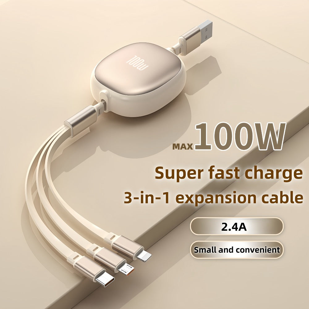 Retractable 3-in-1 Charging Cable 100W Fast Charge – USB-C Micro USB Lightning Multi Connector 1.2m 480Mbps Data Sync for iPhone 15 14 13 12 11 Samsung Galaxy Android – Tangle-Free Travel Cable 6 Colors