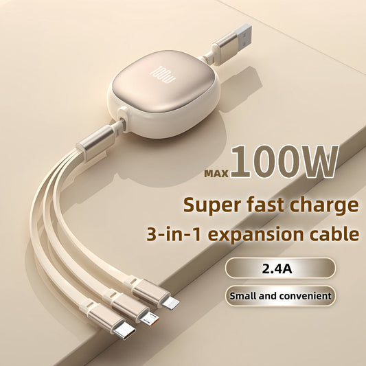 Retractable 3-in-1 Charging Cable 100W Fast Charge – USB-C Micro USB Lightning Multi Connector 1.2m 480Mbps Data Sync for iPhone 15 14 13 12 11 Samsung Galaxy Android – Tangle-Free Travel Cable 6 Colors