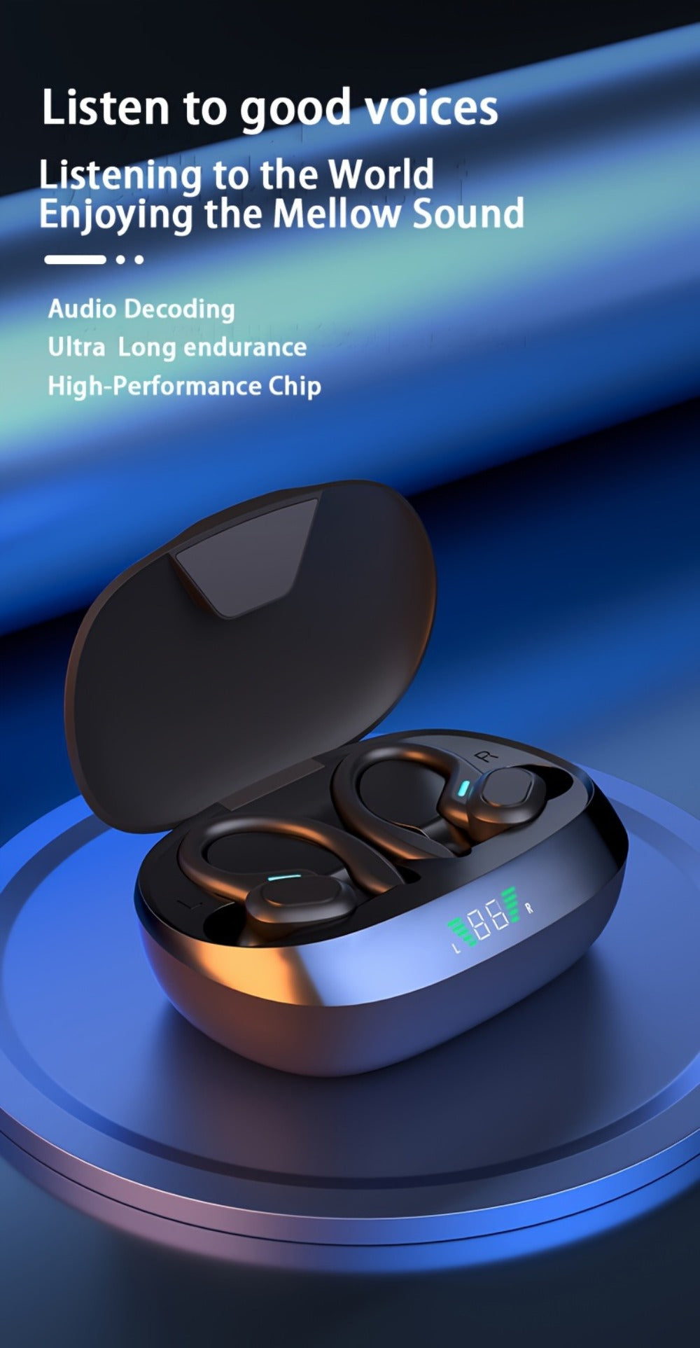 Sport Ear Hook Wireless Earbuds Bluetooth 5.4, Open-Ear Sports Earphones with Mic, 24H Playtime, LED Display Charging Case, Running Fitness Earbuds for Men Women, Black