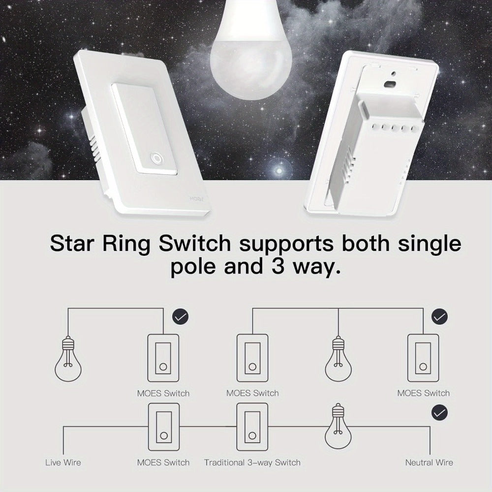 WiFi Smart Light Switch 4-Pack – MOES Star Ring Single Pole Wall Switch, Works with Alexa, Google Home & SmartThings, Tuya App, Schedule, Away Mode, Remote Control, Neutral Wire Required (White)