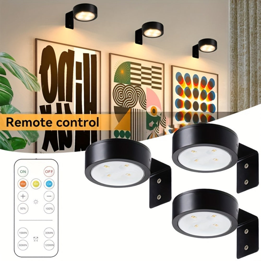 Battery Operated Picture Lights 3-Pack, Magnetic Painting Light with Remote & Timer, 3 Lighting Modes Dimmable Wireless Wall Puck Lights for Art Frames Portraits – Black