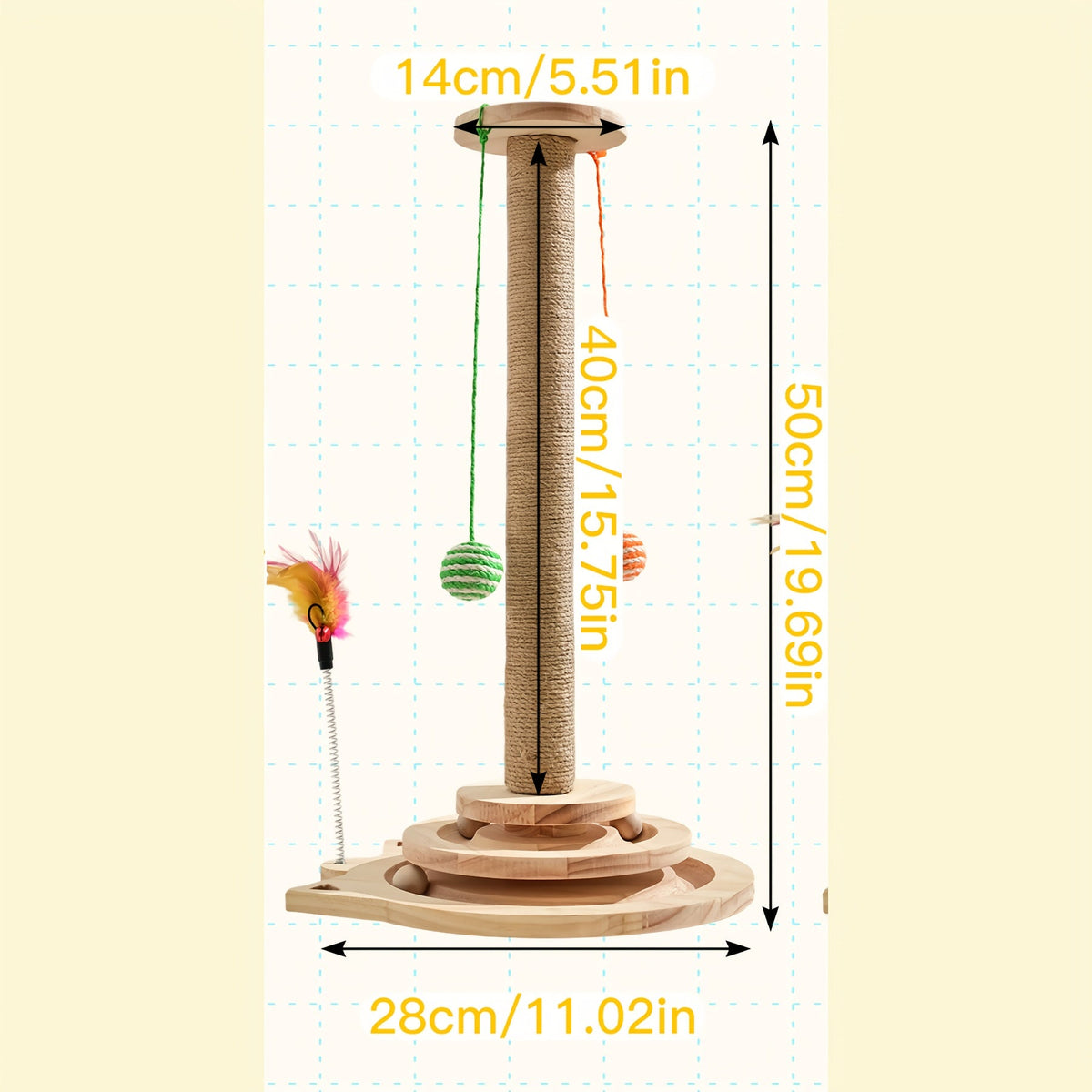 Multi-Level Sisal Cat Scratching Post 4-in-1 with 6 Wooden Balls 2 Hanging Balls & 2 Feather Teaser Toys - Premium Thickened Sisal Anti-Slip Base for Indoor Cats M L XL + Replacement Pillars