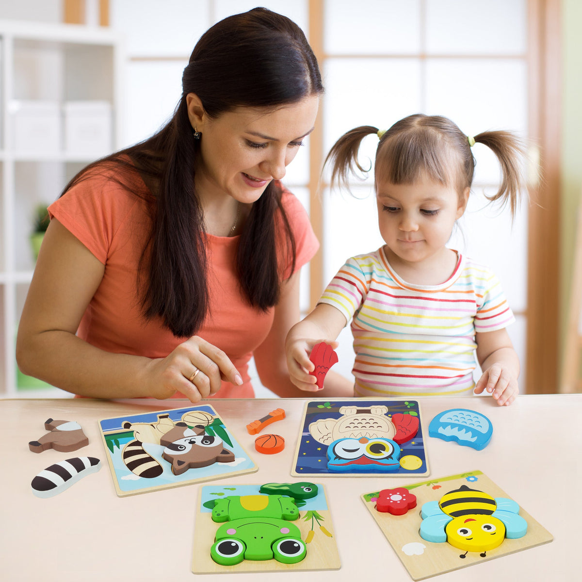Wooden Animal Puzzles for Toddlers, 8-Pack – Colors & Shapes Learning Set Ages 1-3