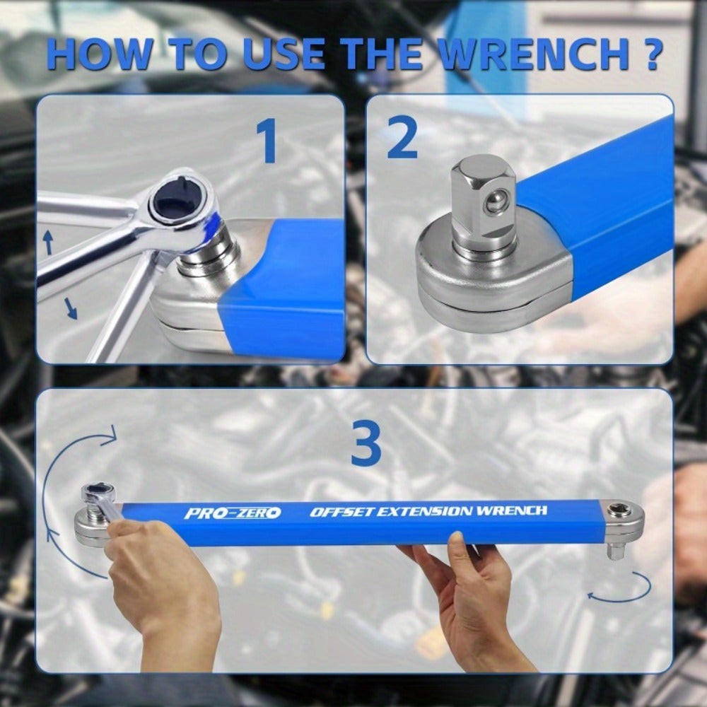 Ratchet Wrench 2-in-1 Offset Extension with 1/4" 3/8" 1/2" Square Head Adapters, 180-Degree Rotation High Torque Non-Slip Handle, Universal Flex Head Ratchet for Narrow Spaces & Auto Repair