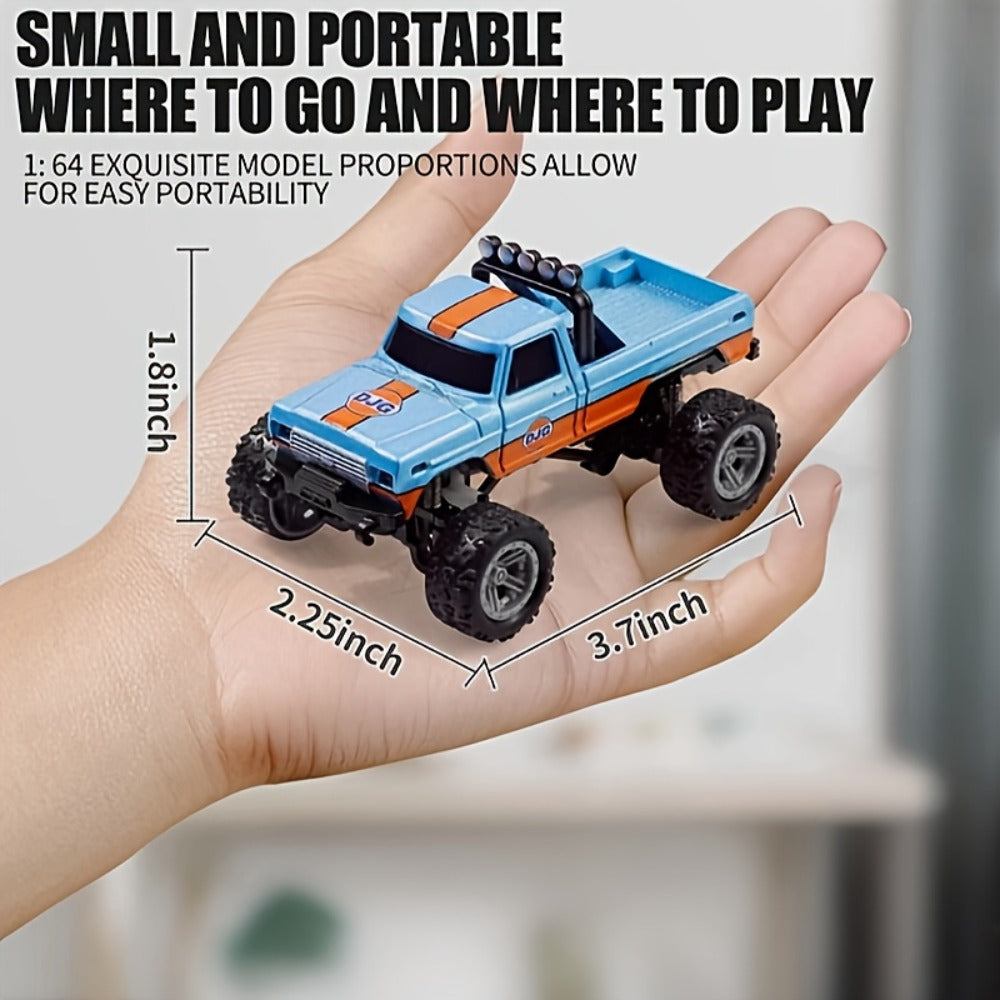 Mini RC Monster Truck, 1:64 Scale Alloy Body with LED Lights, Blue