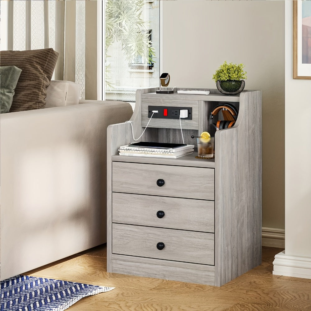 Nightstand with Power Outlets and USB Ports – 3-Drawer Hutch Charging Station | 2 Outlets 2 USB | Bedroom End Table Side Table | 14"D x 17.7"W x 26.8"H | Gray or White | Housewarming Gift
