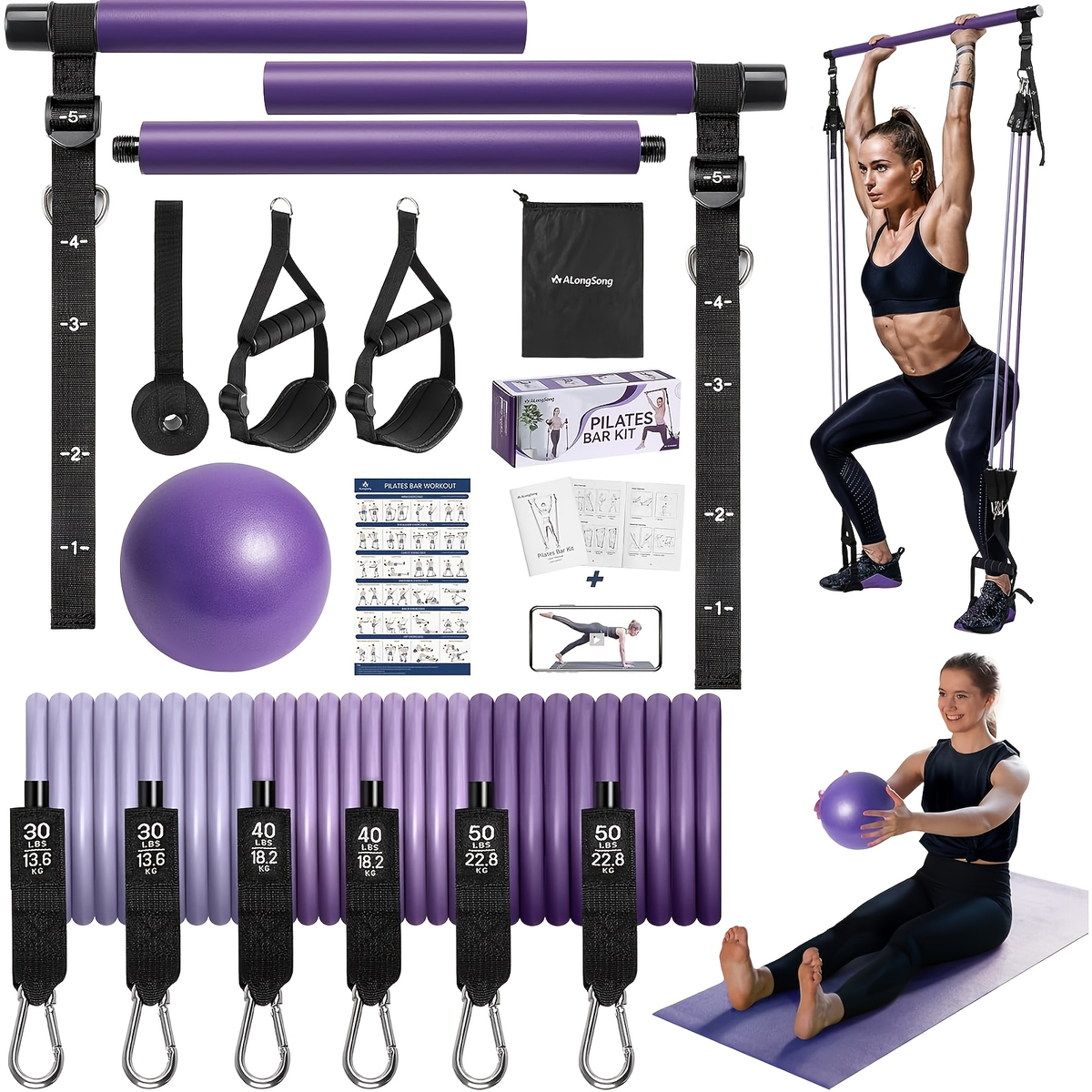 Natural Latex Pilates Bar Kit with Resistance Bands 20-360 lbs – Stainless Steel Handle, Adjustable Length for 5'3"-6'2", Full Body Home Gym Workout for Women & Men