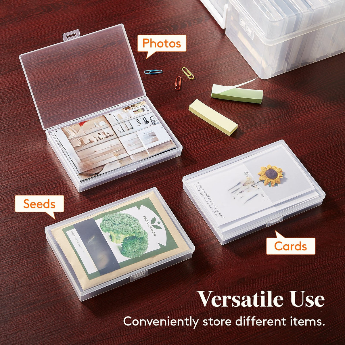 4x6 Photo Storage Box with 14 Inner Photo Keeper Cases Holds 1400 Photos Clear Plastic Photo Organizer with Lids Label Stickers BPA-Free for Cards Pictures Stamps Craft Office Supplies
